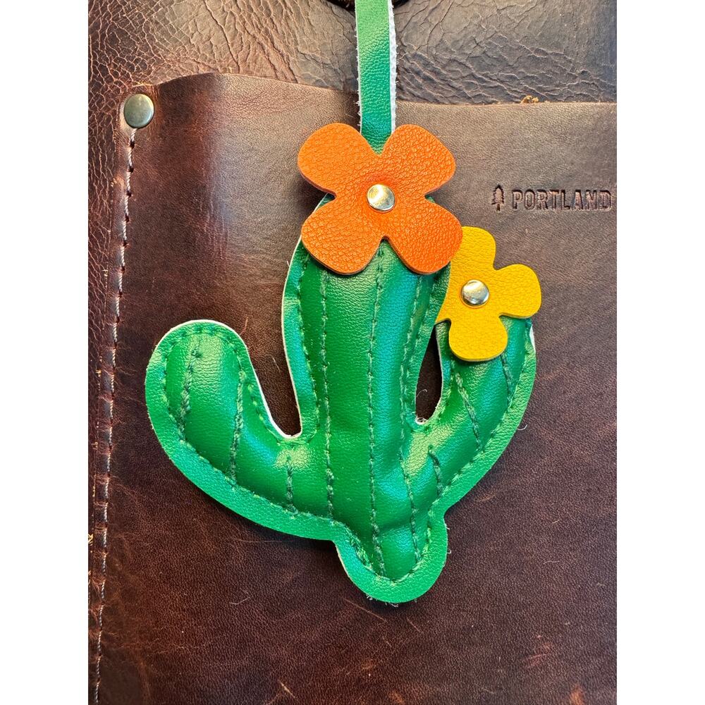 Vegan Leather Flower Cactus Keychain Purse Charm Boho Green Keychain Fast Ship - Picture 3 of 5